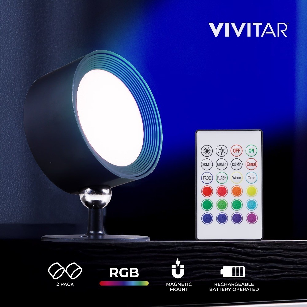 Rechargeable RGB Color Changing LED Puck Lights 2 Pack with Remote Control