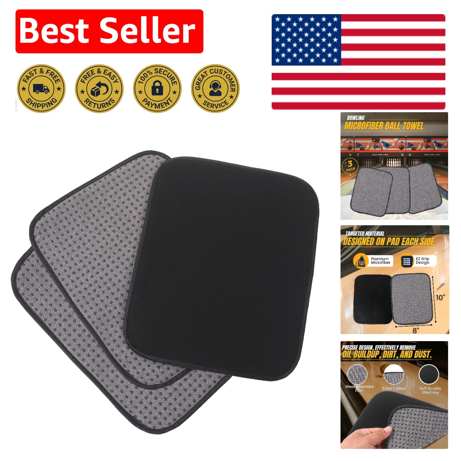 3-Pack Bowling Ball Towels 10"x8" -  Quality Microfiber Cleaning Pads