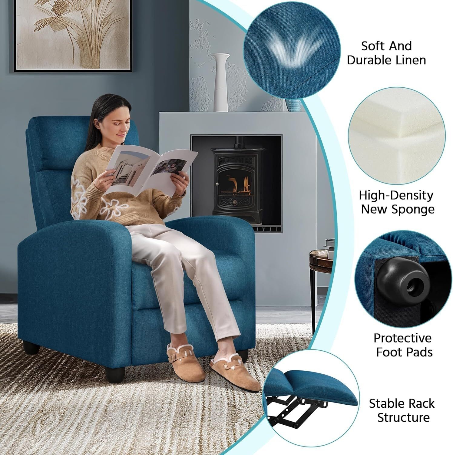 Fabric Recliner Sofa Single Theater Seating w/ Thick Seat Cushion Backrest Blue