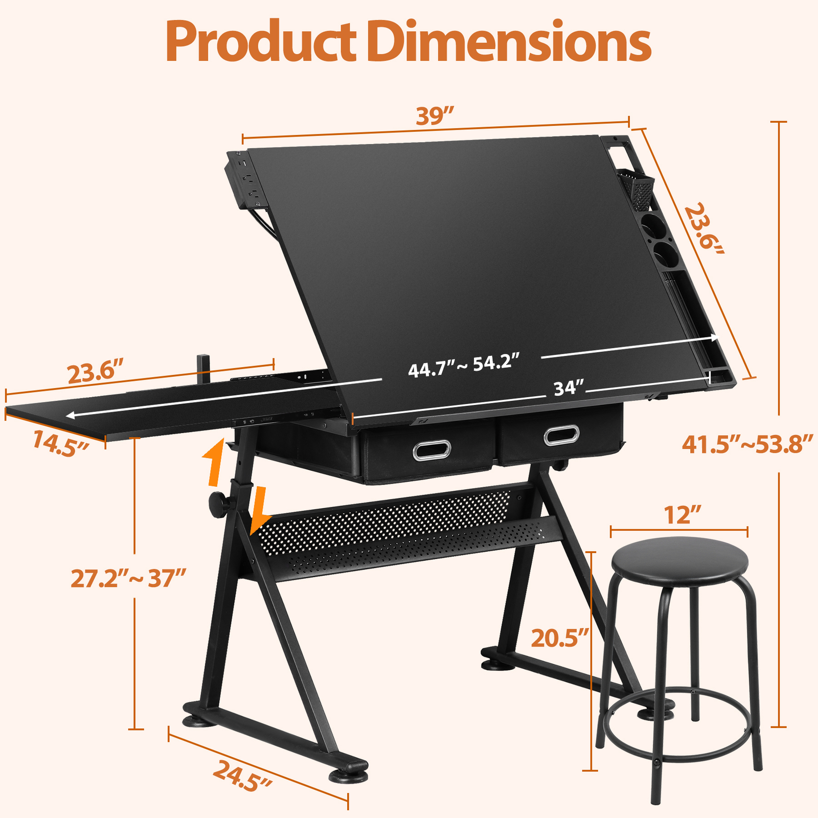 Adjustable Height Drafting Drawing Table Tiltable Tabletop Edge Stopper Black
