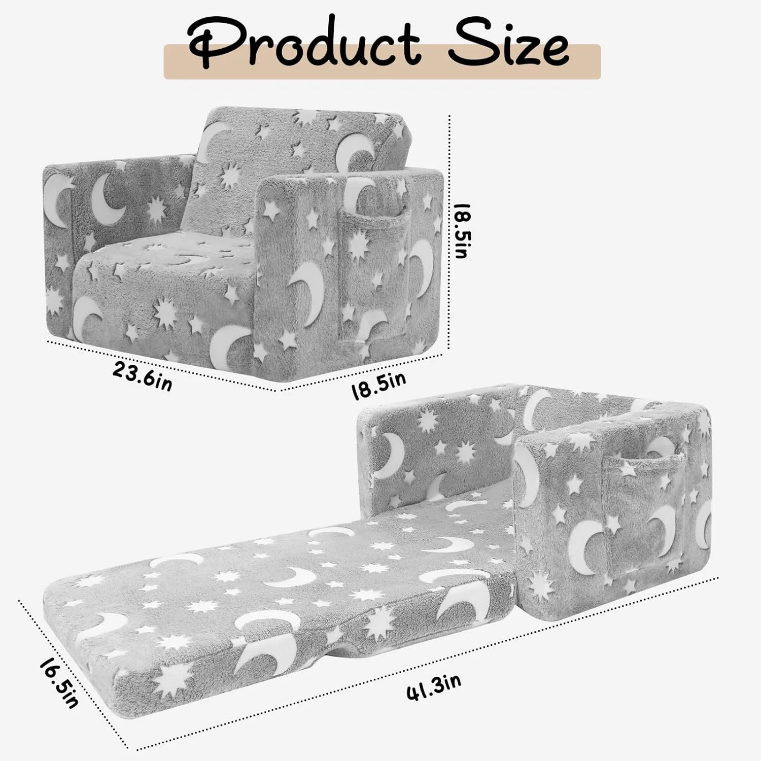 2-in-1 Toddler Couch and Chair, Glow in the Dark Kids Sofa - Gray Sky