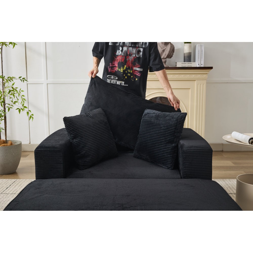 Modern Chaise Lounge Chair w/ Removable Ottoman & Pillows, Black Corduroy