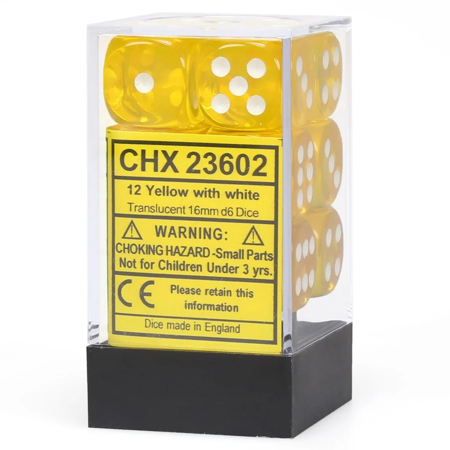 Chessex Yellow Translucent 16 mm with White Numbers D6 Dice Block (12 dice)