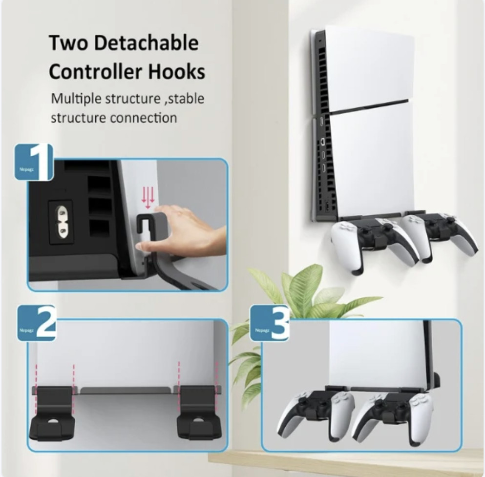 PS5 Slim Wall Mount Steel Bracket with Dual Controller Holders Disc Digital 2023