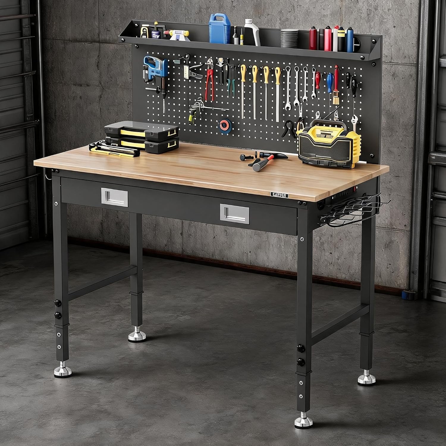 48"x 24"Workbench with Drawer,LED Light&Back Panel,6-Level Adjustable Height