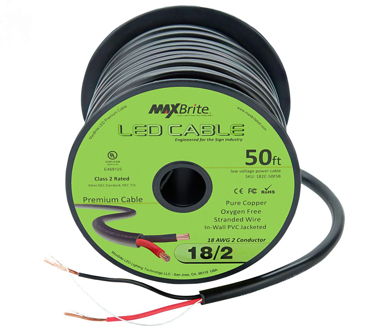 50 ft. 18AWG Low Voltage LED Cable 2 Conductor Black Sleeve in-Wall Speaker W...