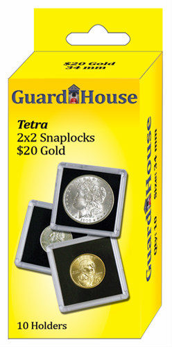 Guardhouse Tetra Snaplock Coin Holders,  20 Dollar Gold, 2x2, 10 pack