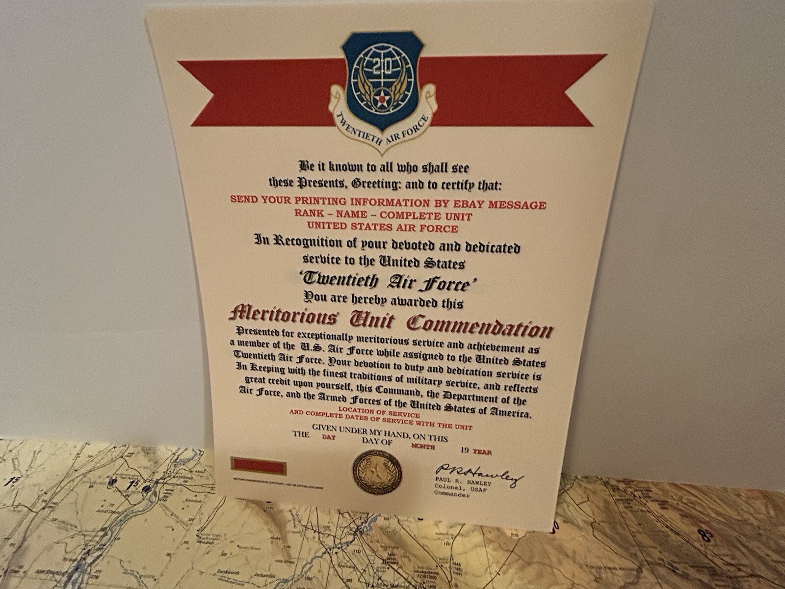 U.S. AIR FORCE / 20TH AIR FORCE - MERITORIOUS UNIT COMMENDATION CERTIFICATE