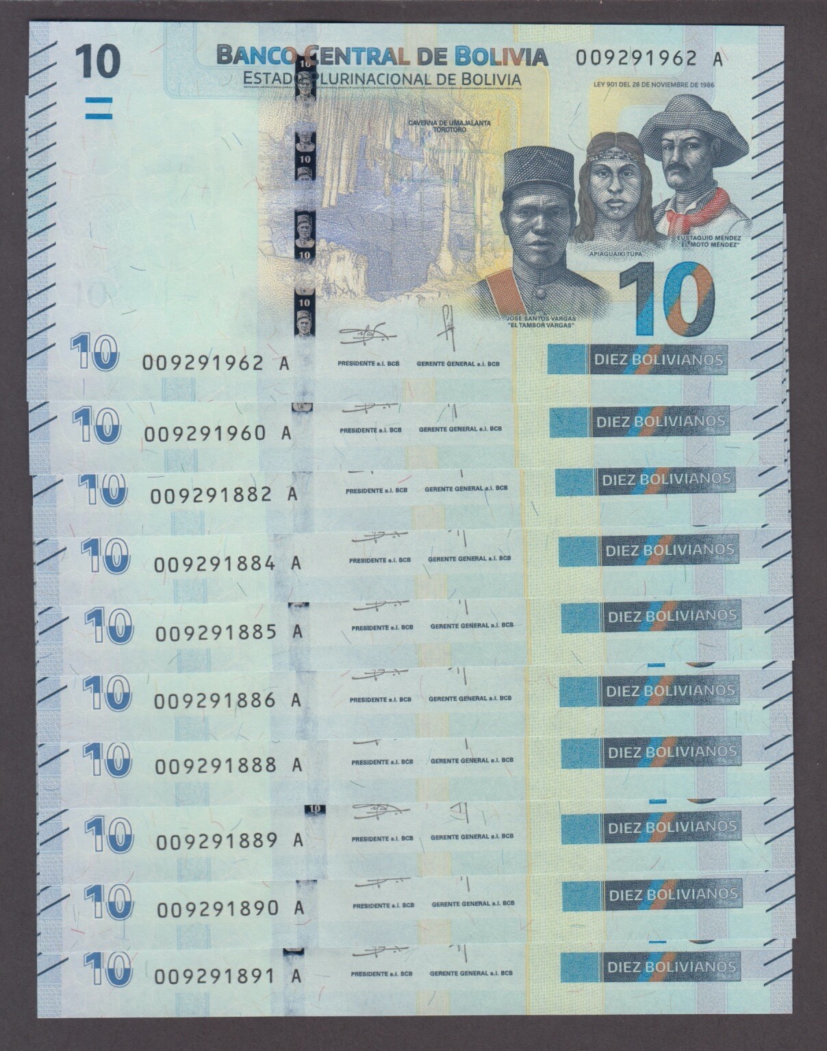 BOLIVIA P.248 LOT OF 10  10X 10 BOLIVIANOS  UNC WE COMBINE            2408