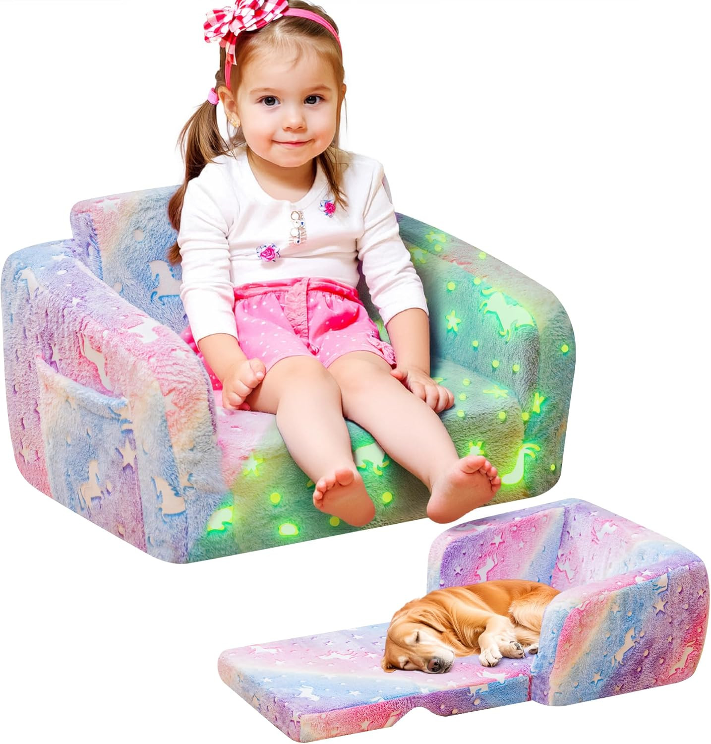 Glow in the Dark 2-in-1 Toddler Couch & Chair - Rainbow Unicorn Design