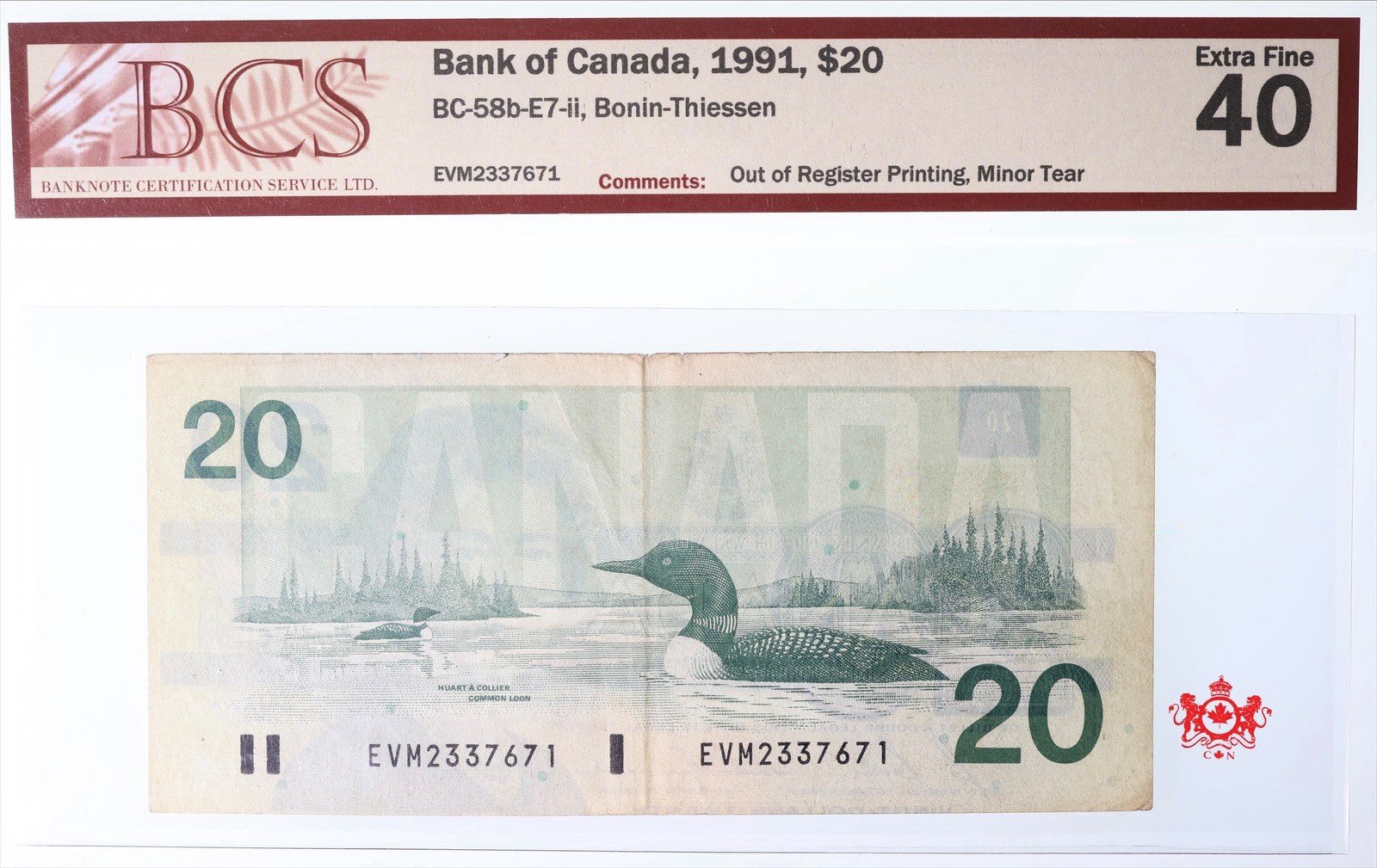 1991 Bank Of Canada 20$ Error Out Of Register Printing  EVM2337671 - BCS EF40 -