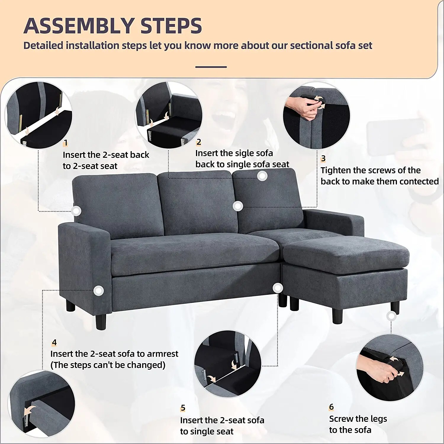 Shintenchi Convertible Sectional Sofa Couch Modern Linen, Fabric L-Shaped Couch