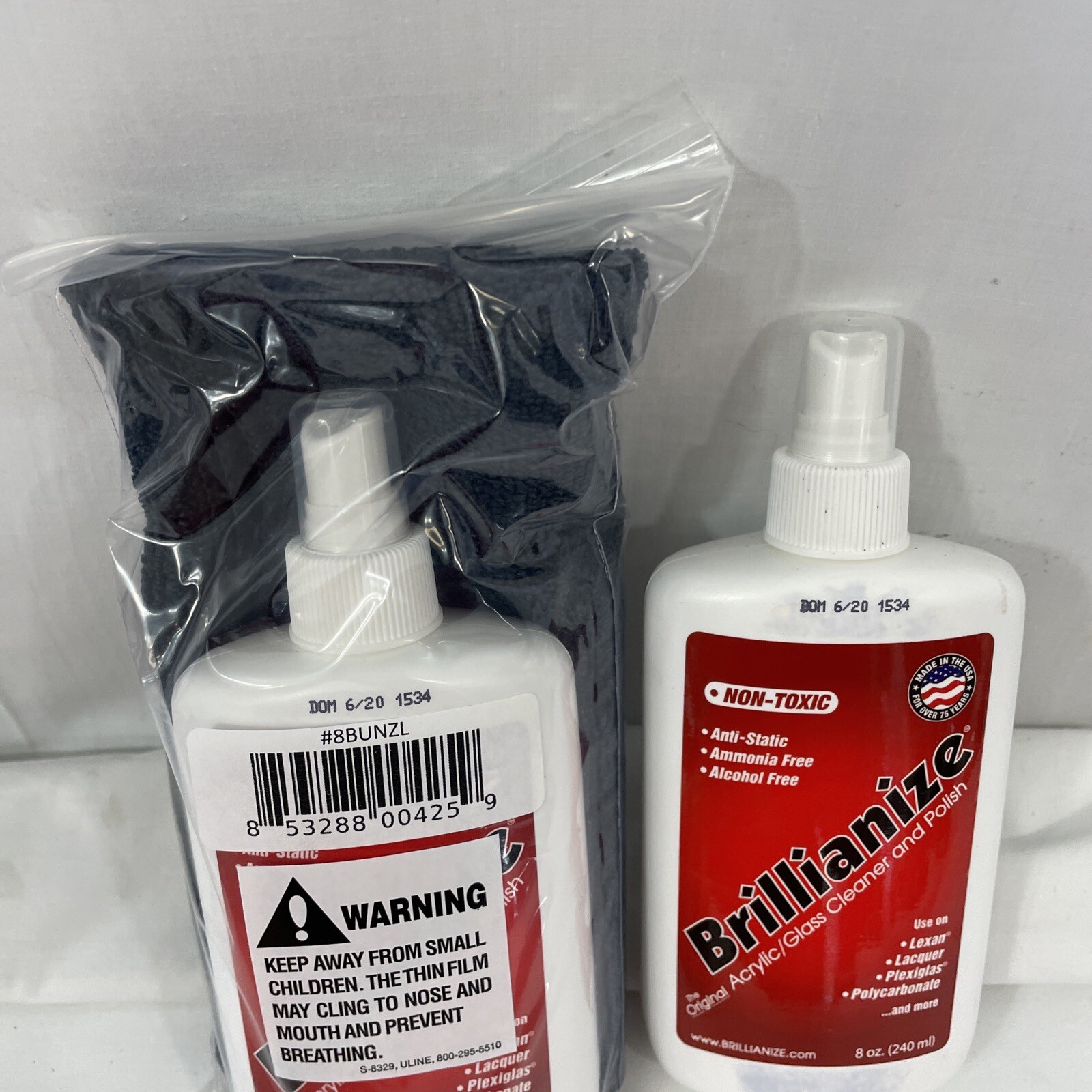 2 EA Plastic glass cleaner polish 8 oz bottles original Brillianize Terry Cloth