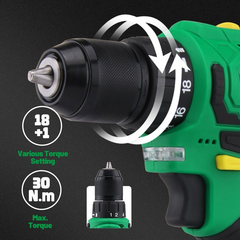 Brushless 12V Cordless Drill Driver 18+1 Setting Variable Speed 2 Batteries Char