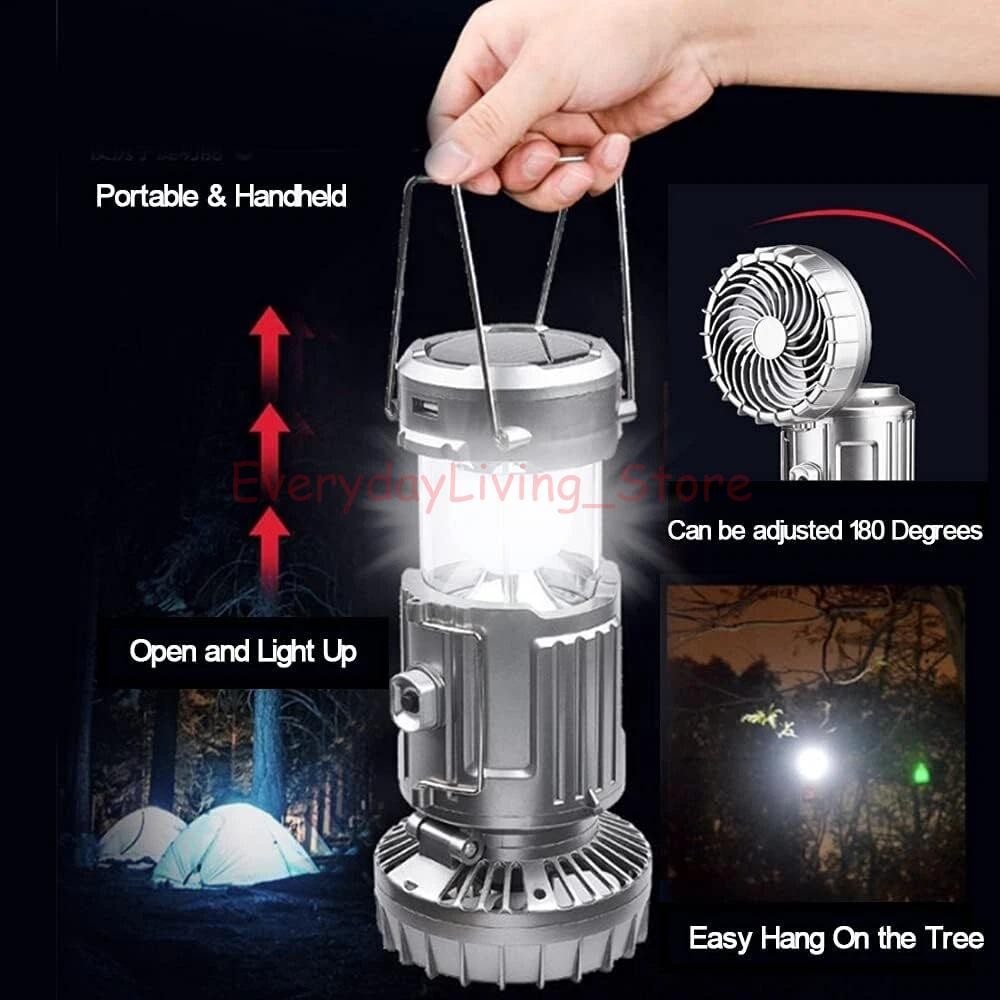Solar Portable LED Camping Lantern with Fan USB Rechargeable Flashlight Lamp US