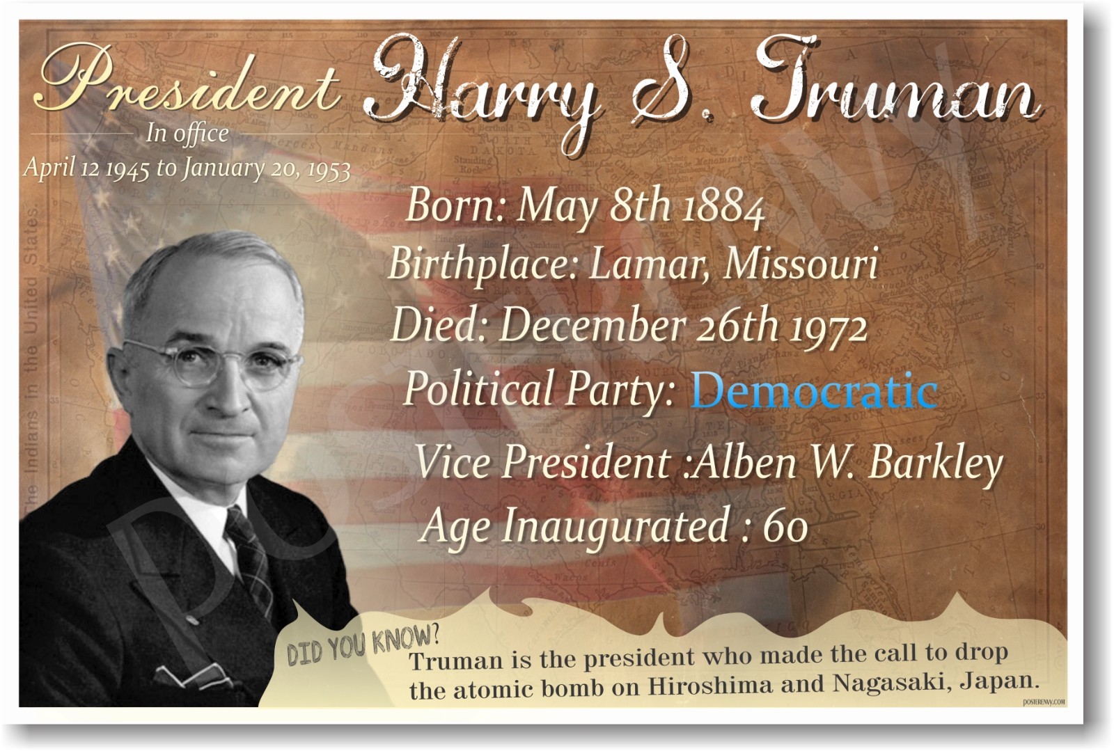 Presidential Series - U.S. President Harry S. Truman NEW Classroom School POSTER
