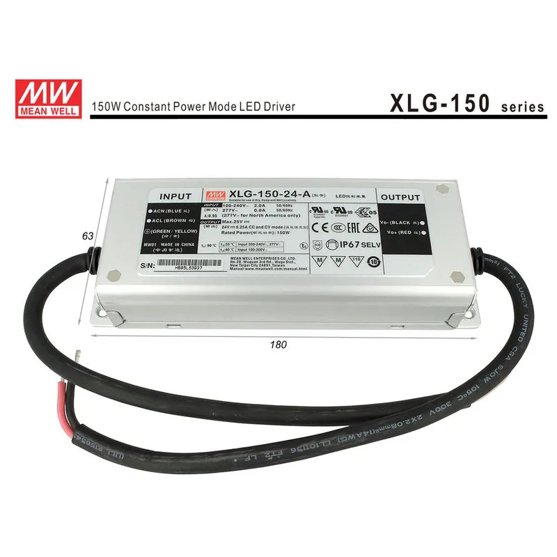MW MEAN WELL Waterproof IP67 24V 150W 6.25A XLG-150 Transformer Power Supply