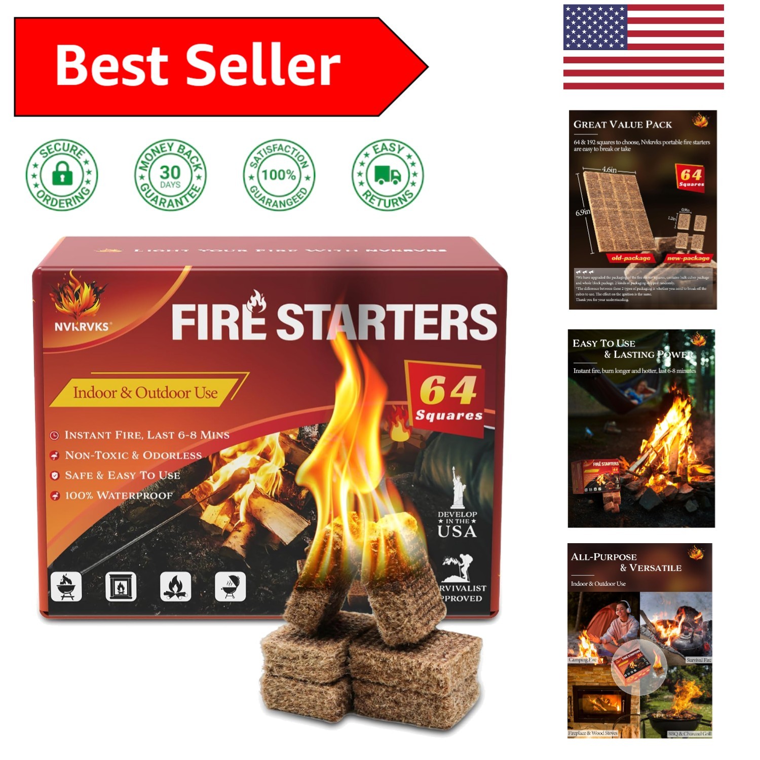 Hassle-Free Fire Starter Squares - 64 Waterproof Cubes for Grilling & Camping
