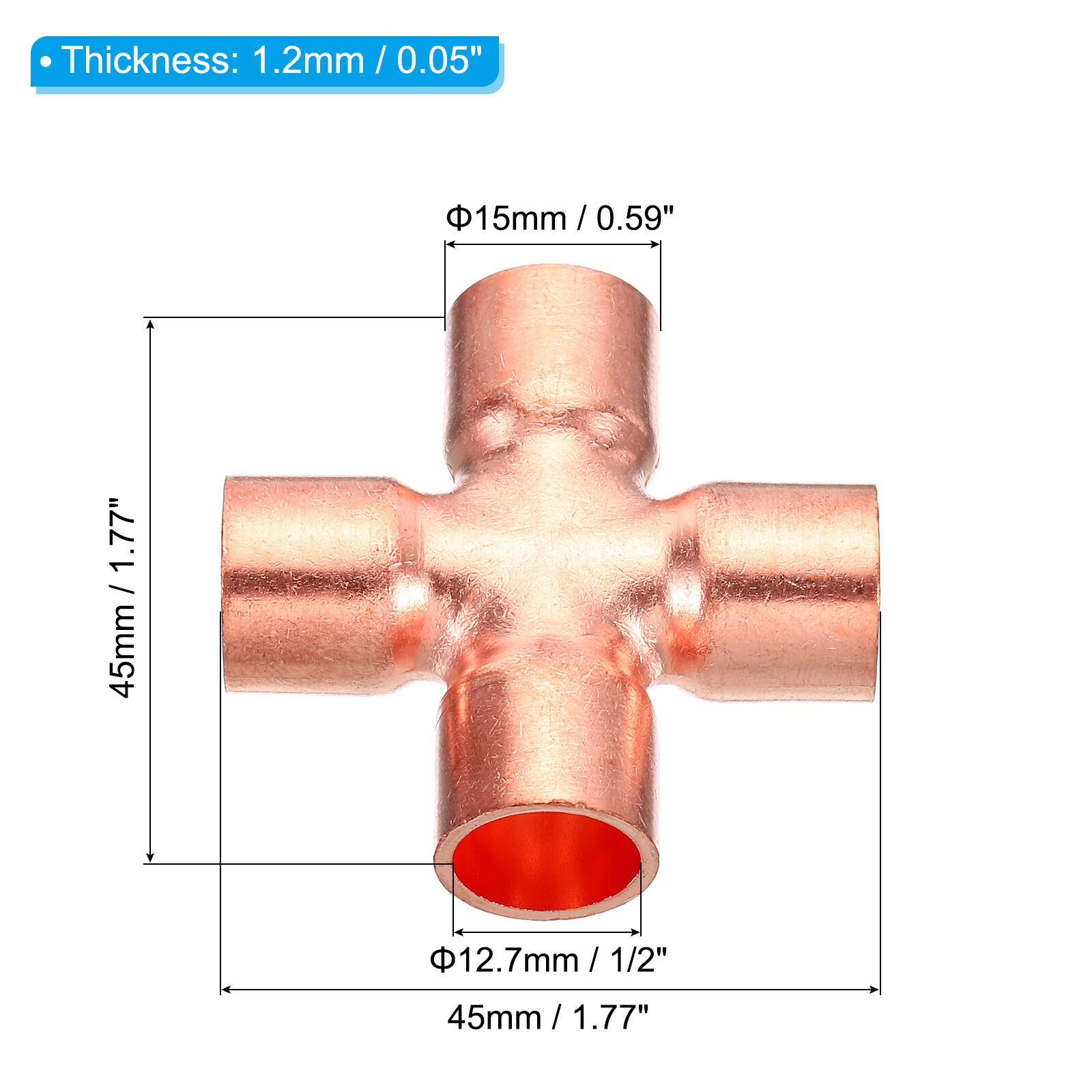 1/2 Inch ID Copper Cross Pipe Fitting 4 Way Copper End Feed Equal Connector