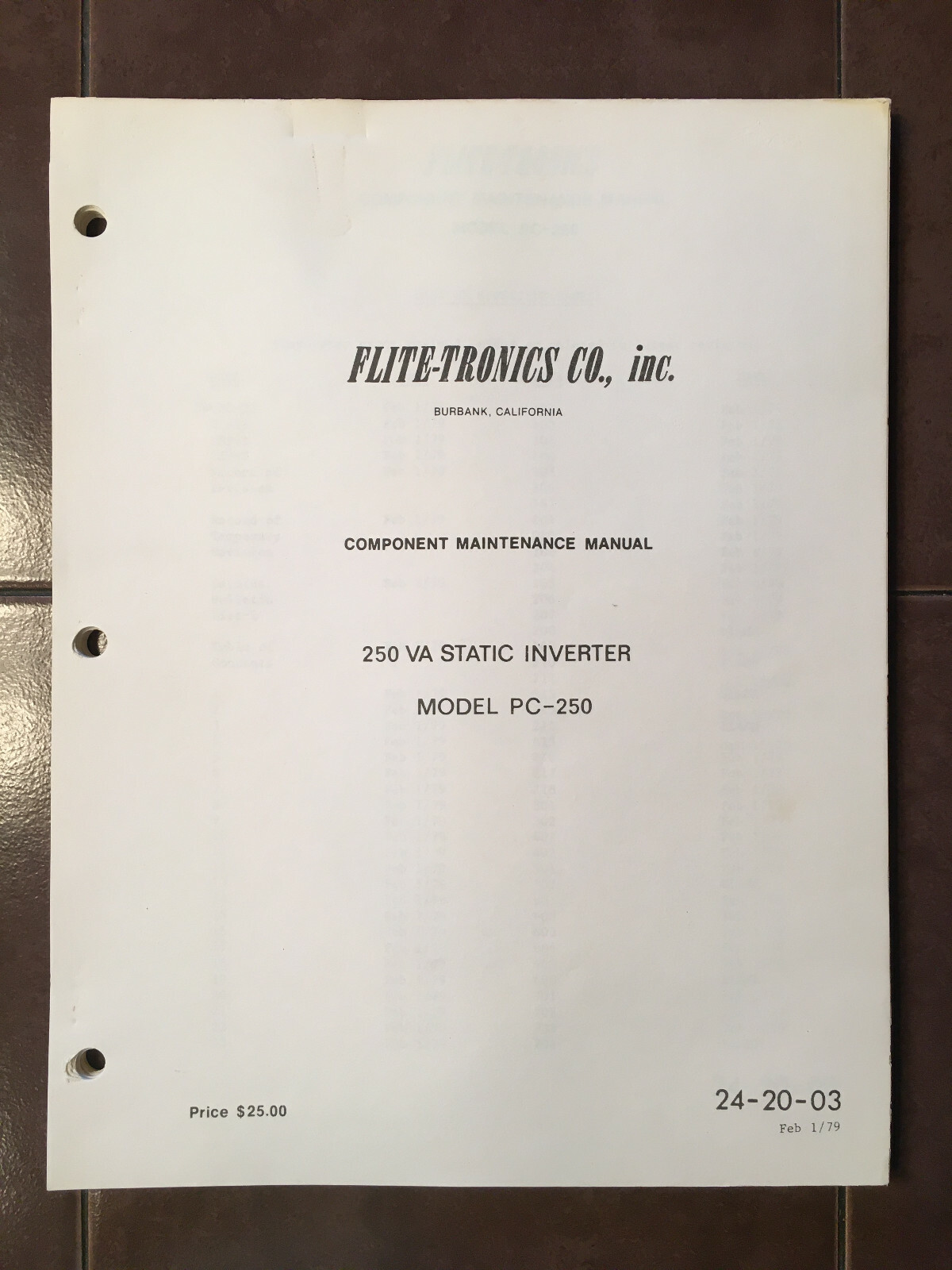 Flite-Tronics PC-250 Inverter Component Maintenance & Parts Manual