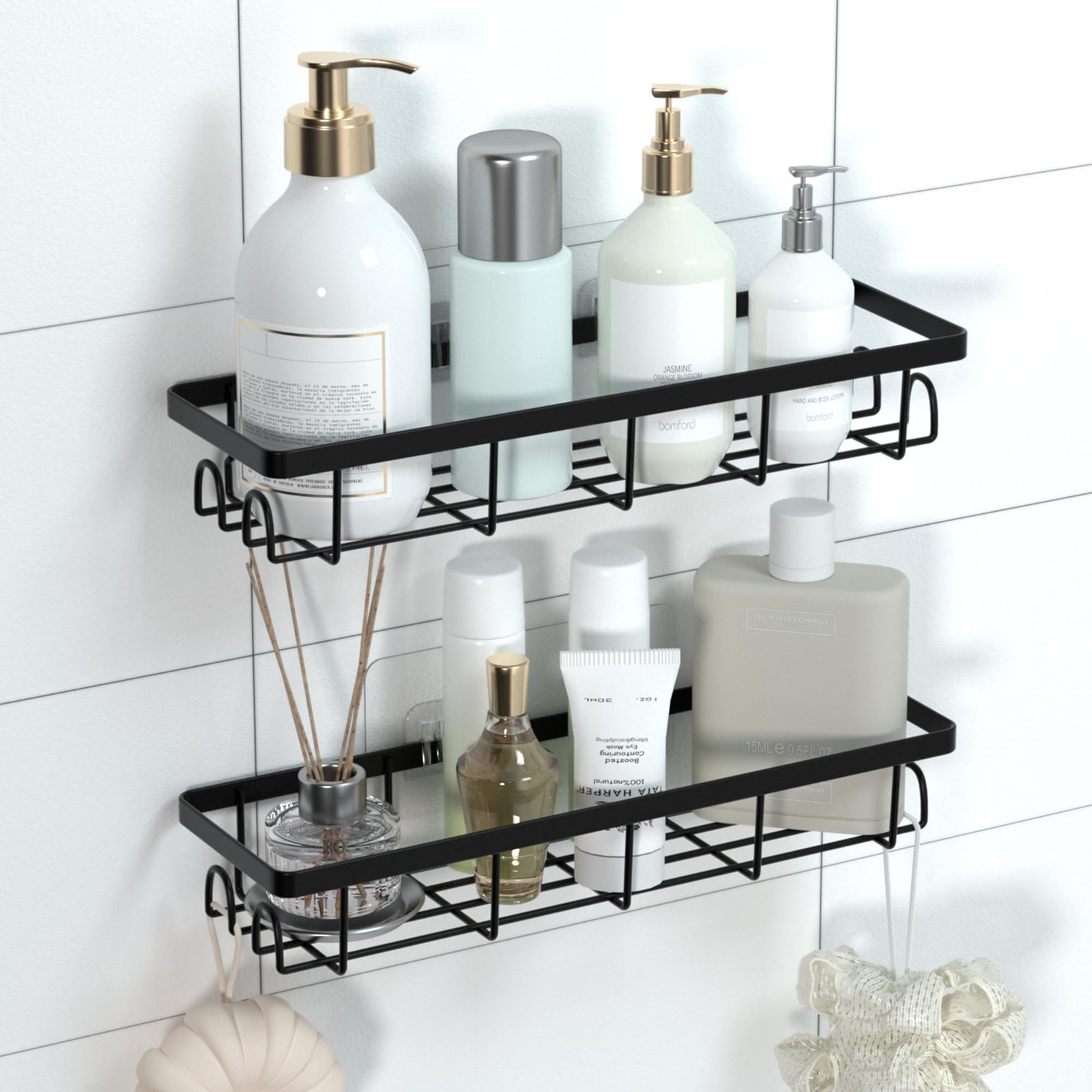 Uninol Shower Caddy Organizer with Hooks,Self Adhesive Bathroom 2 Pack, Black