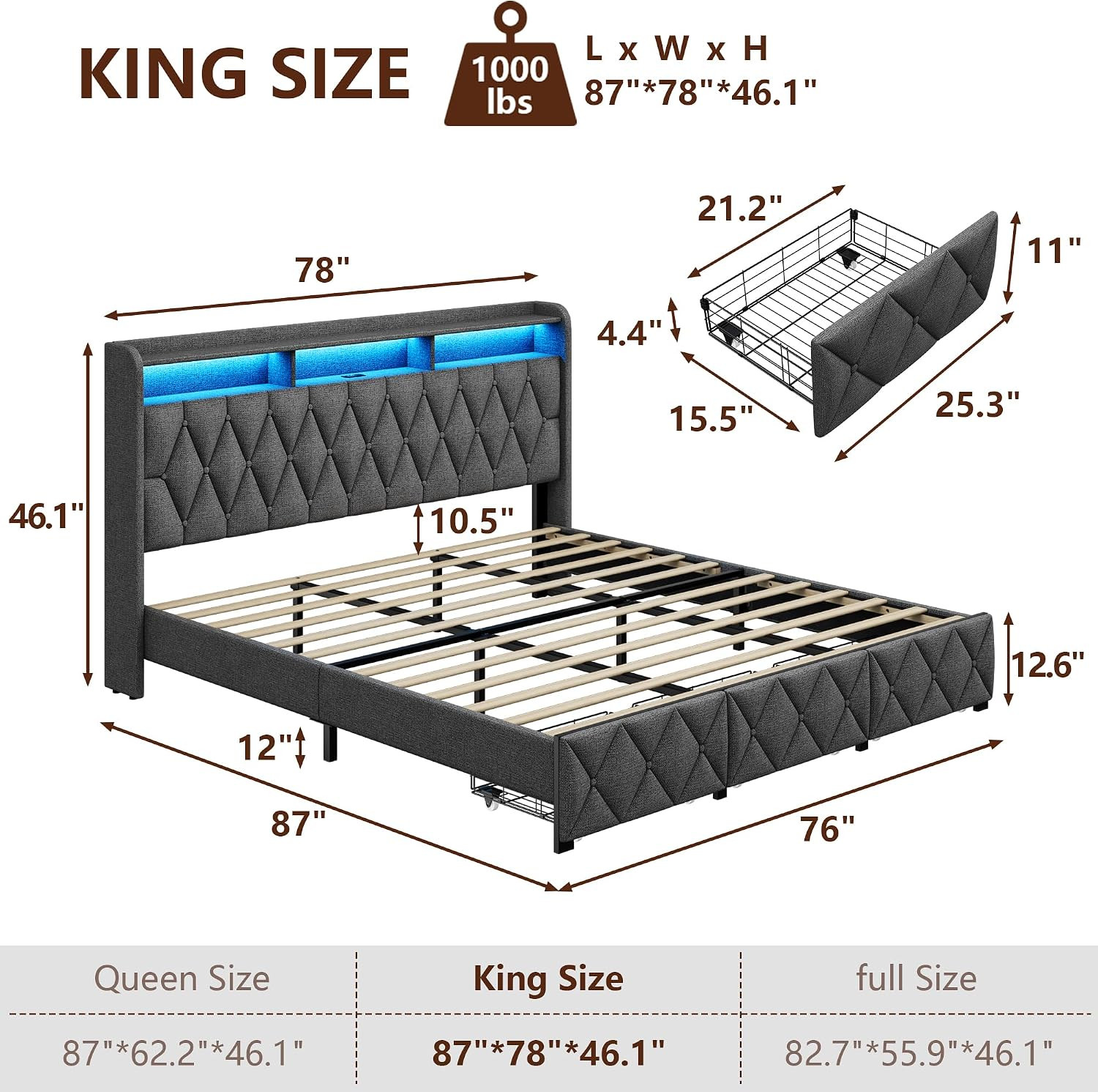 King Size Bed Frame with 3 Storage Drawers, Upholstered King Bed Frame with LED