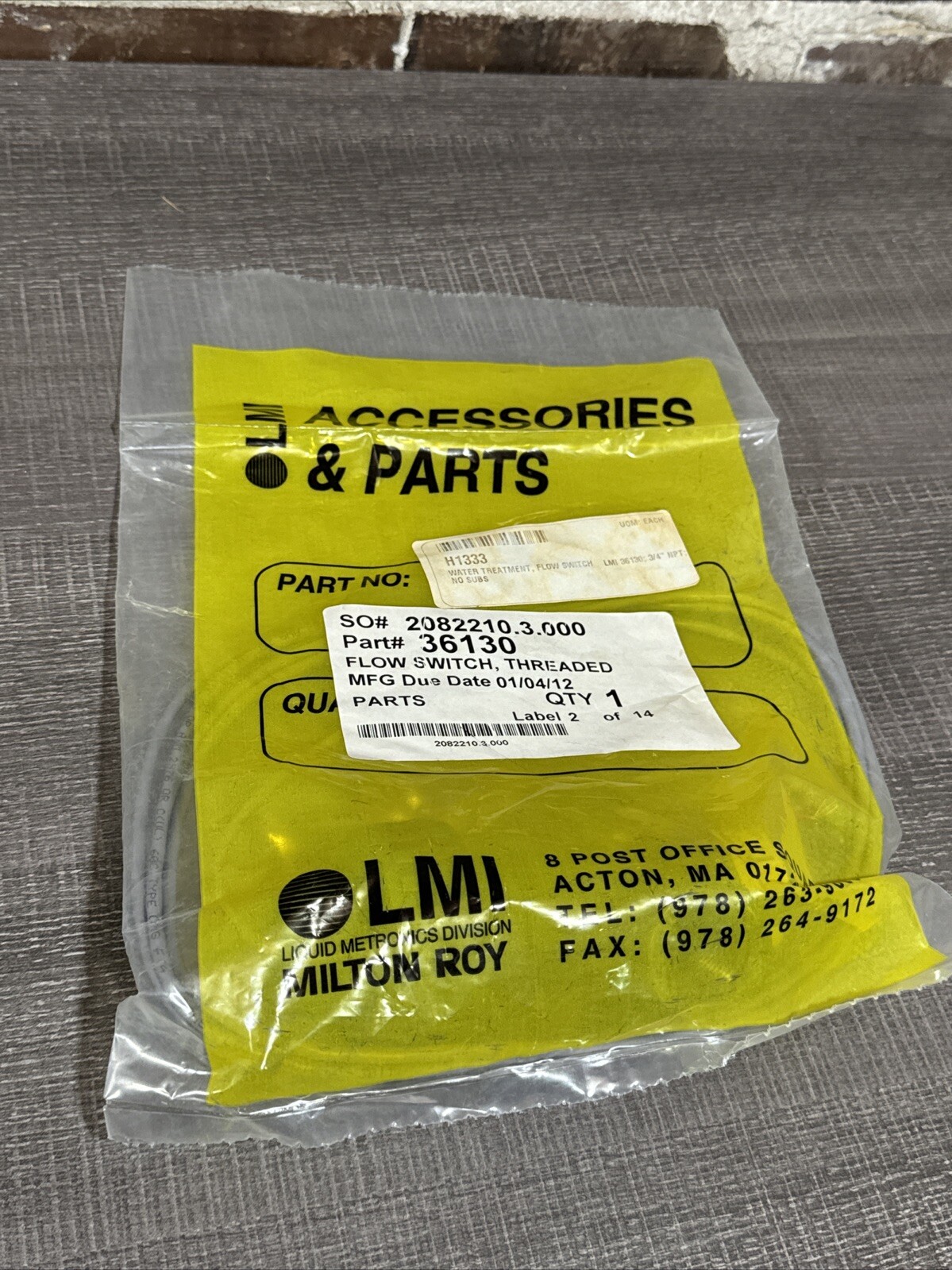 LMI LIQUID METRONICS 36130 FLOW SWITCH, THREADED NEW IN FACTORY SEALED BAG