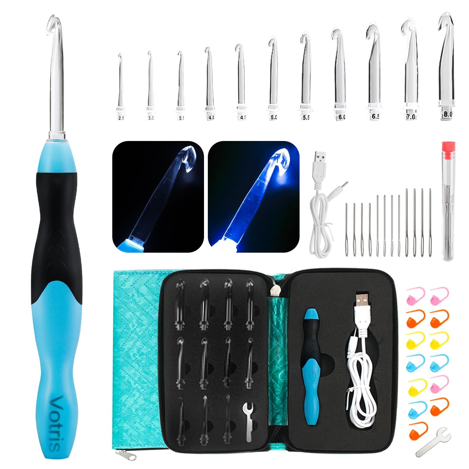 Rechargeable Lighted Crochet Hooks 11 Sizes Interchangeable Heads with Handle