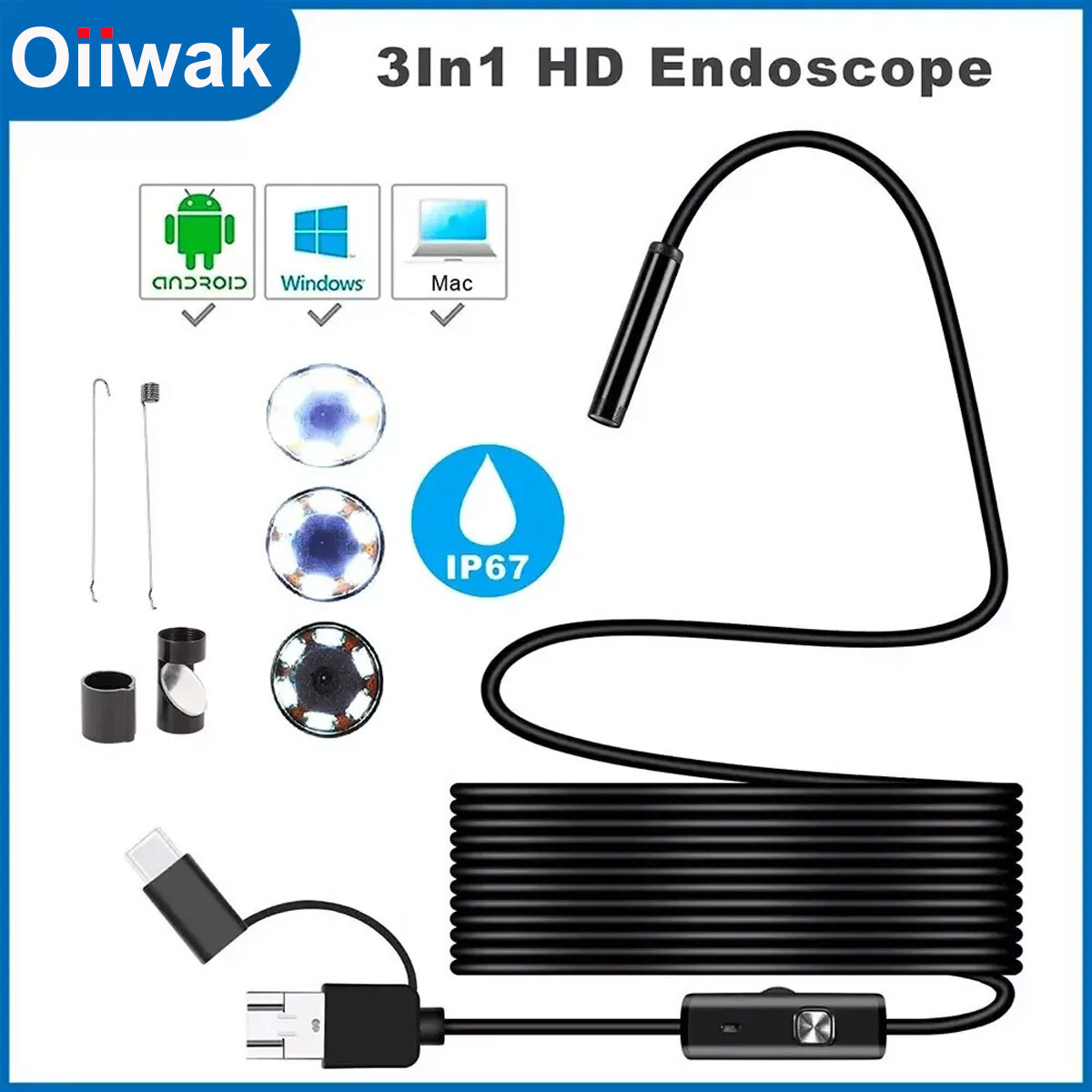 7mm Endoscope Camera with Light Dual-Lens HD Borescope IP67 Inspection Snake Cam