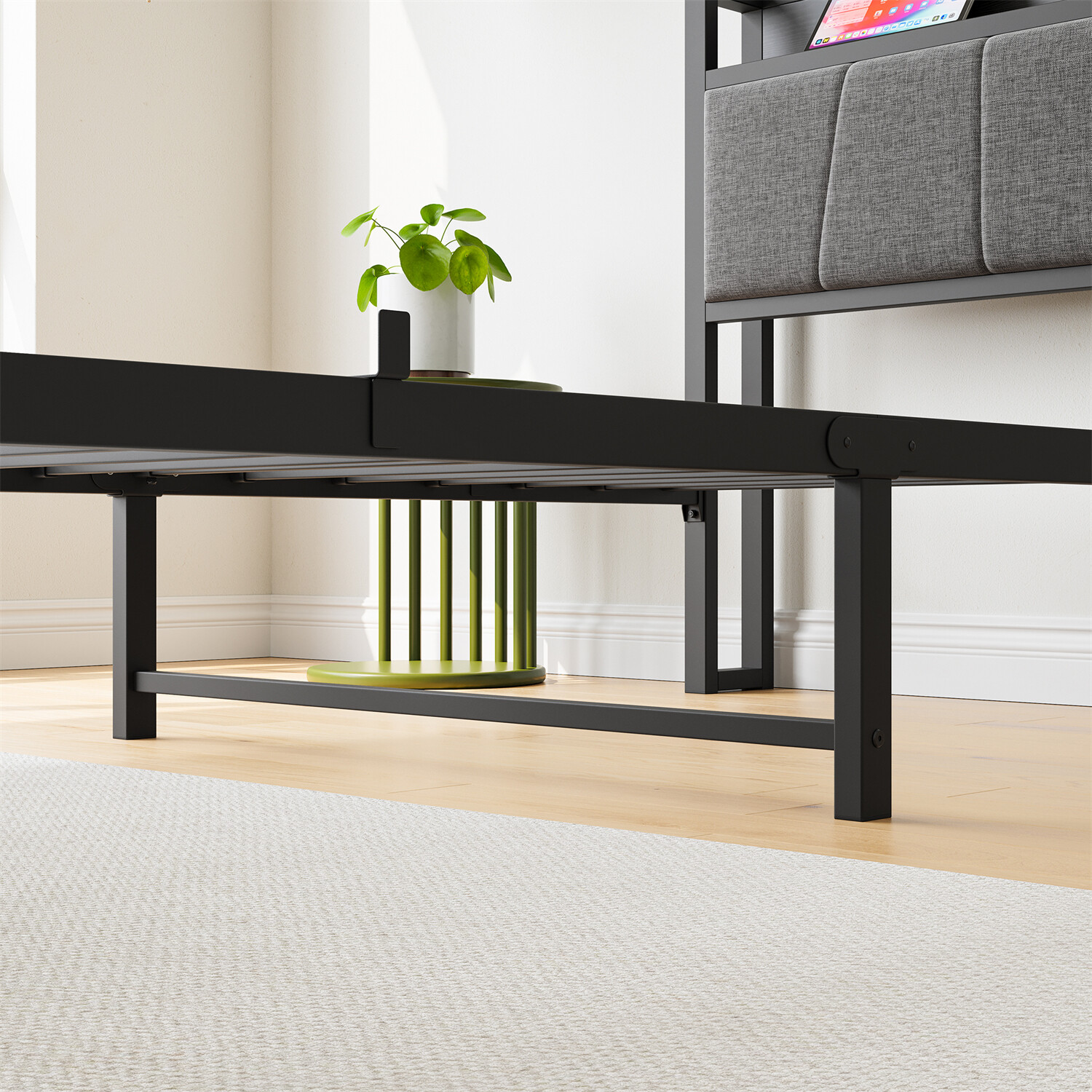Twin/Full Size Bed Frame Metal Platform Bed Frame with Storage Headboard Black