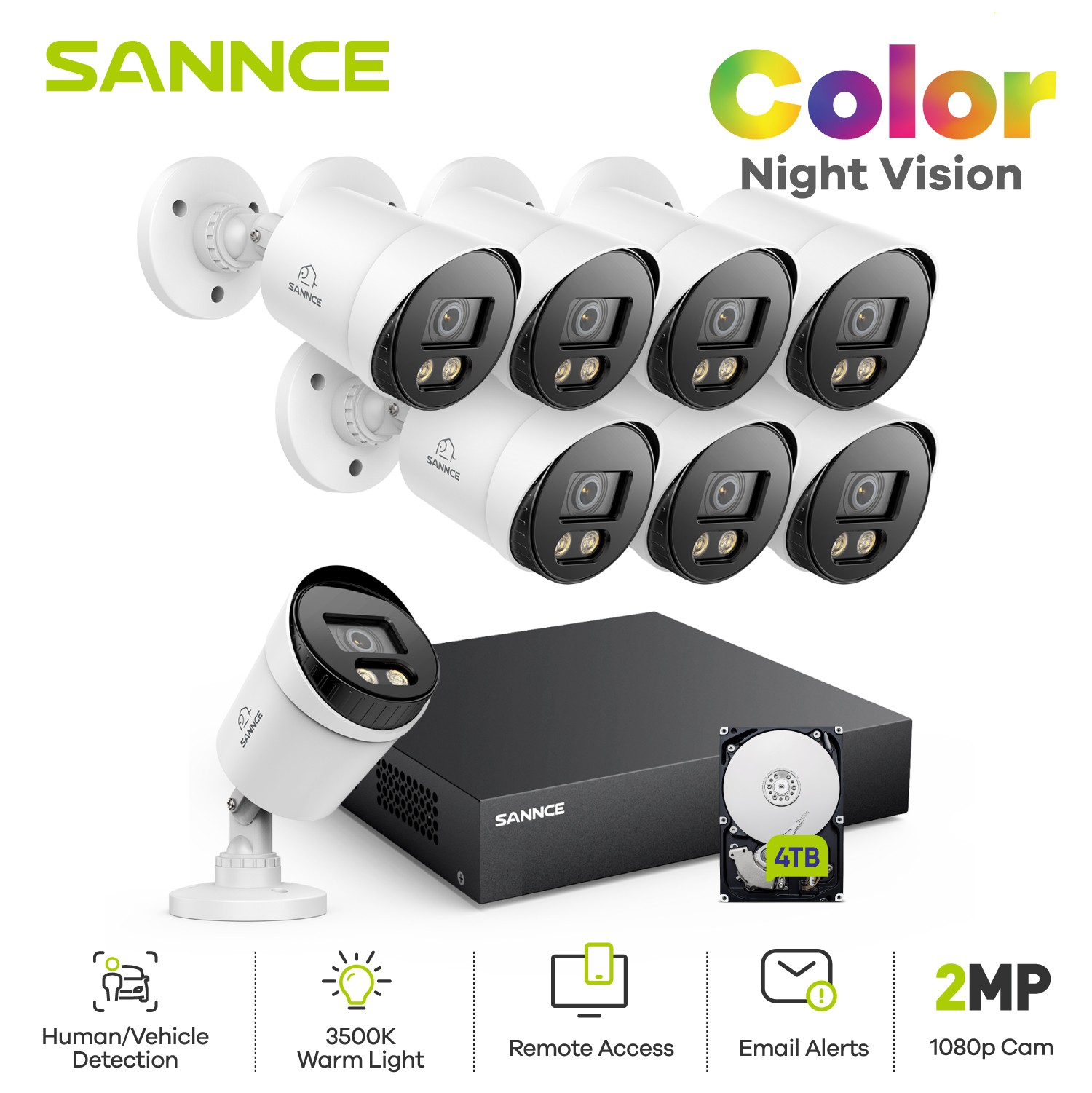 SANNCE 8CH 5in1 DVR 1080P Full Color Night Vision CCTV System Security Camera AI