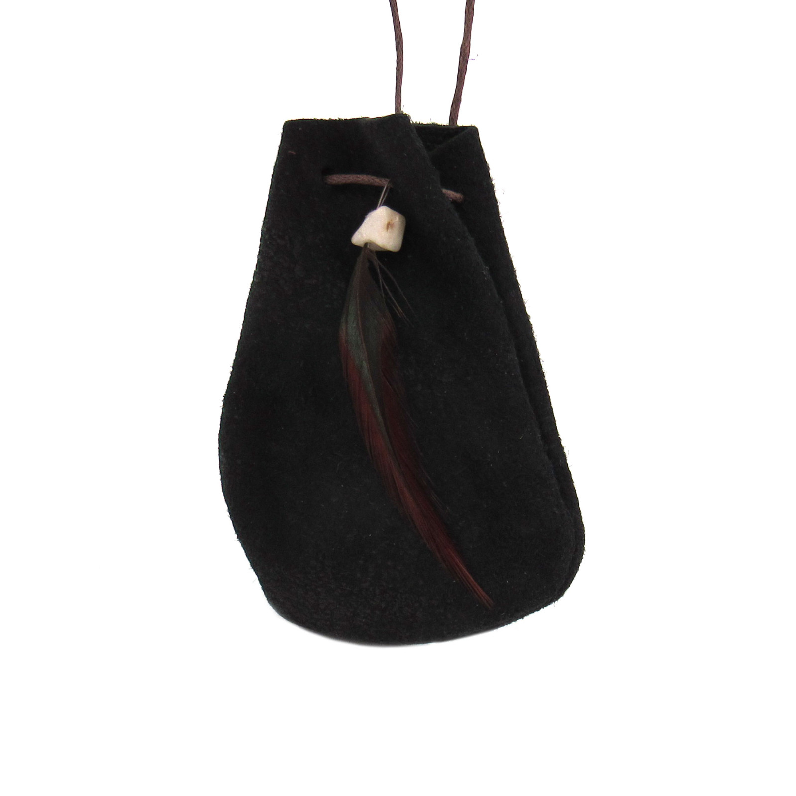 Black Leather Pouch w/ Cord NEW - 2x3" Suede Medicine Bag w/ Stone and Feather