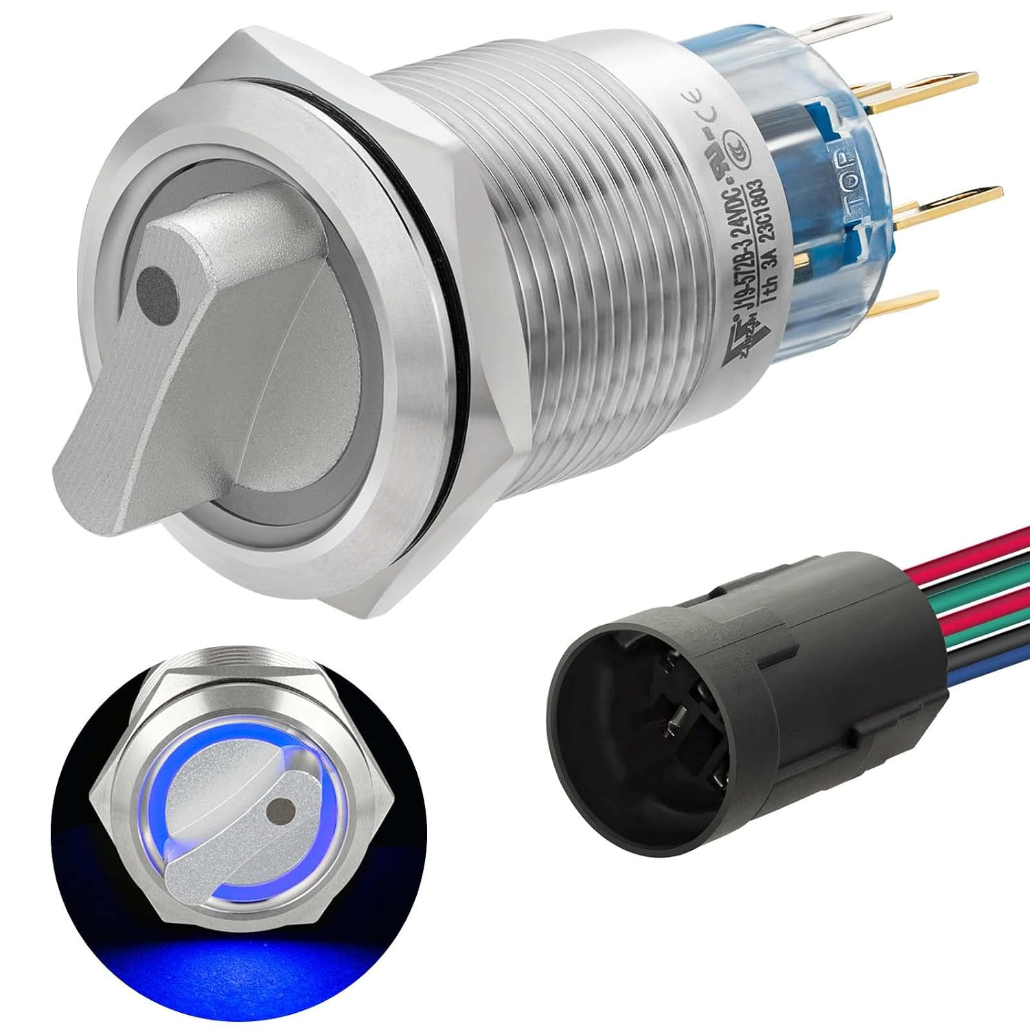 UL Listed 3 Position Rotary Switch 19mm 12V-24V DC/AC, Latching Selection Switch