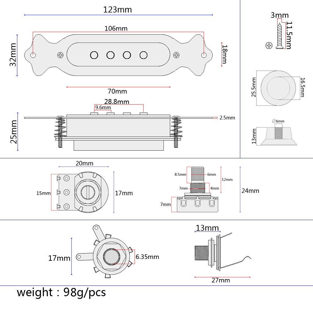 4 Guitar Pickup Volume Control w/ Volume Button for Ukulele