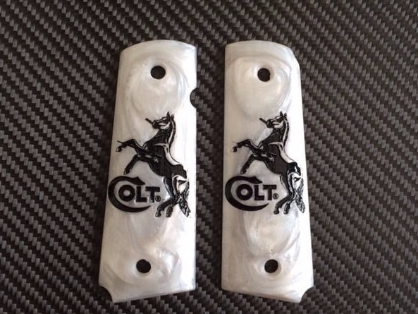 NEW WHITE PEARL RESIN COLT LOGO HORSE GRIP FOR 1911, 1991  FULL SIZE COLT KIMBER