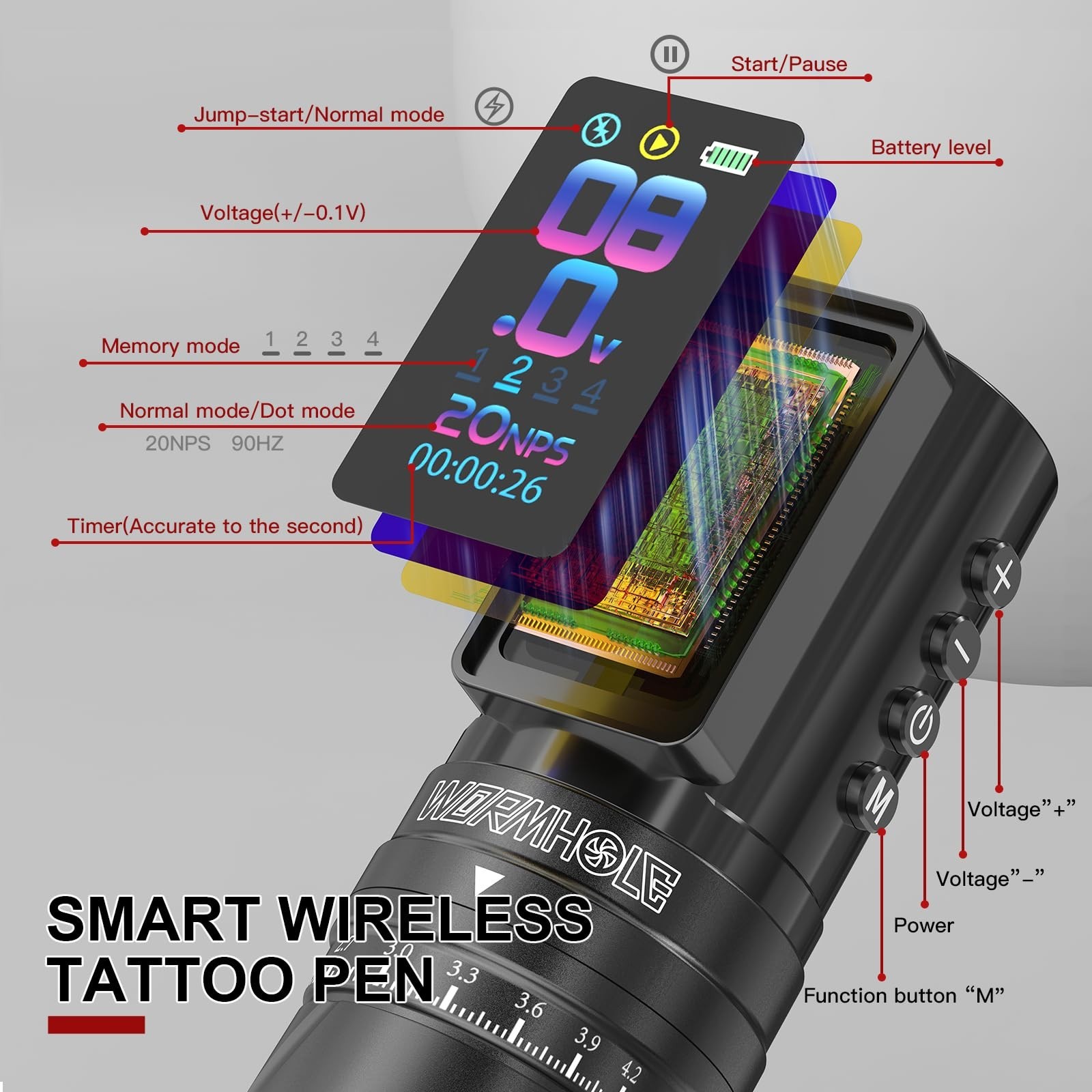 Wireless Tattoo Machine with 2 PCS 2300mAh Batteries, Smart Display, 3 Modes, 7