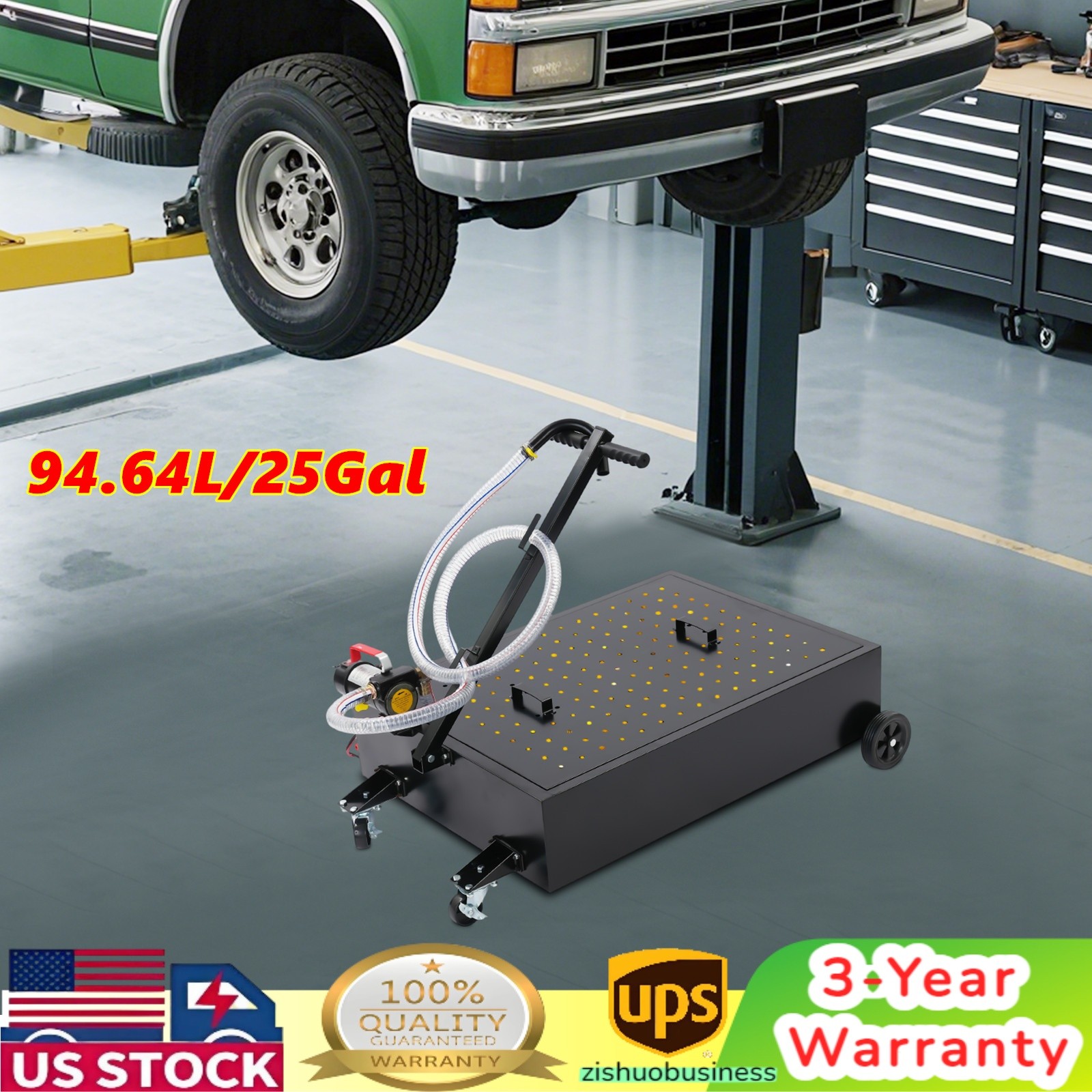 25 Gallon Low Profile Heavy Truck Car Oil Drain Pan with Electric Pump & Wheels