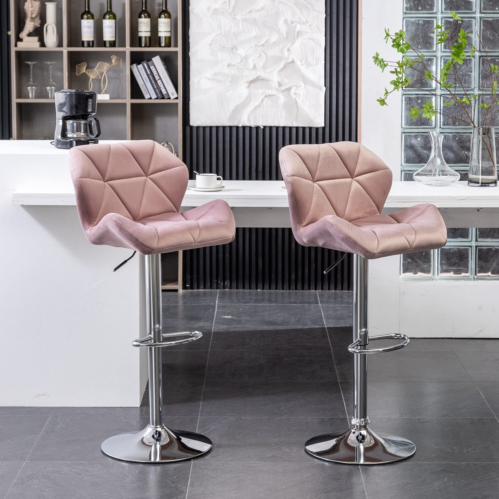 Breni Velvet Diamond Tufted Swivel Adjustable Height Barstools, Set of 2, Mauve