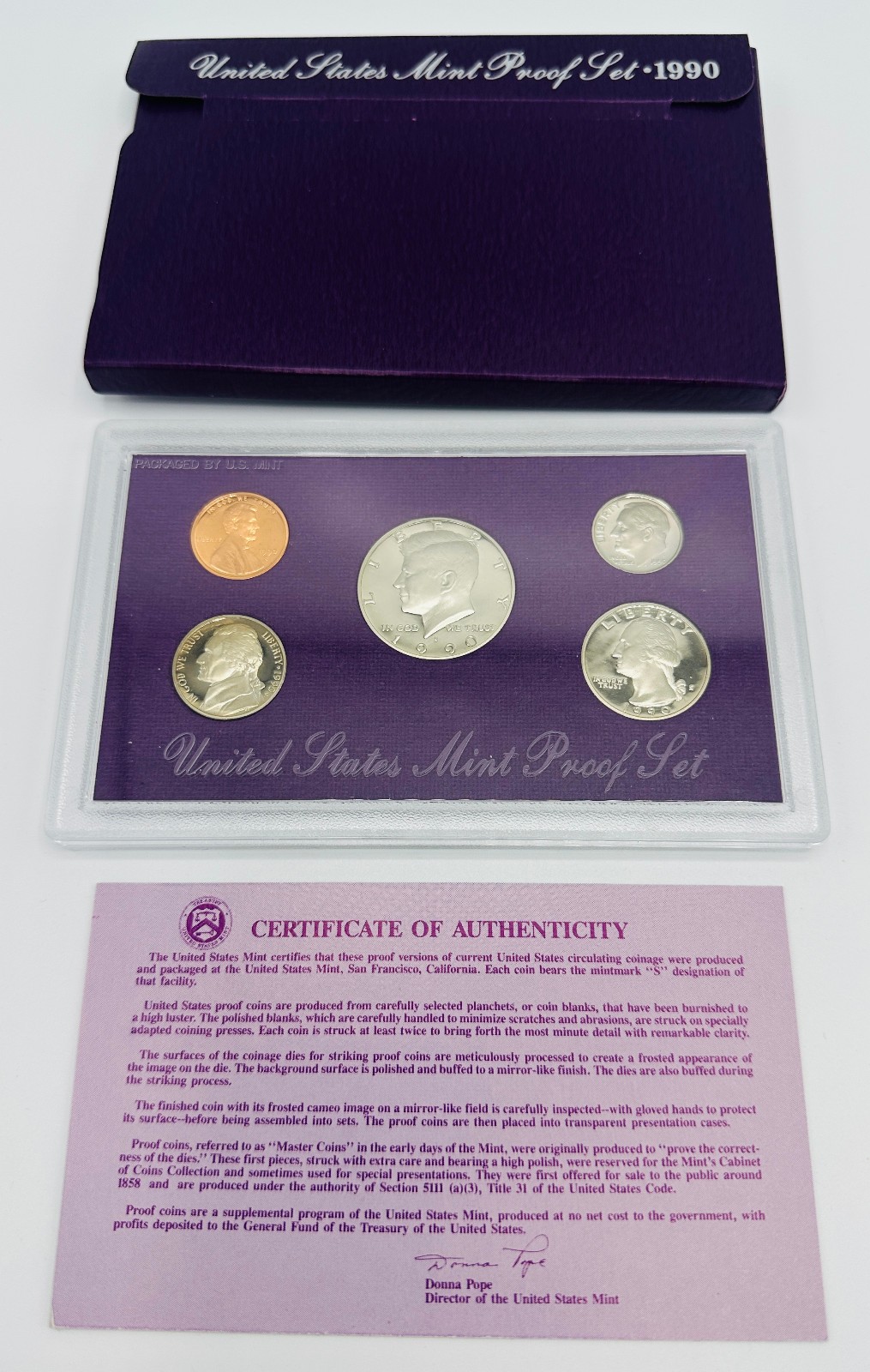 1990-S United States Mint CLAD 5 Coin Proof Set In Acrylic OGP & COA COMPLETE!