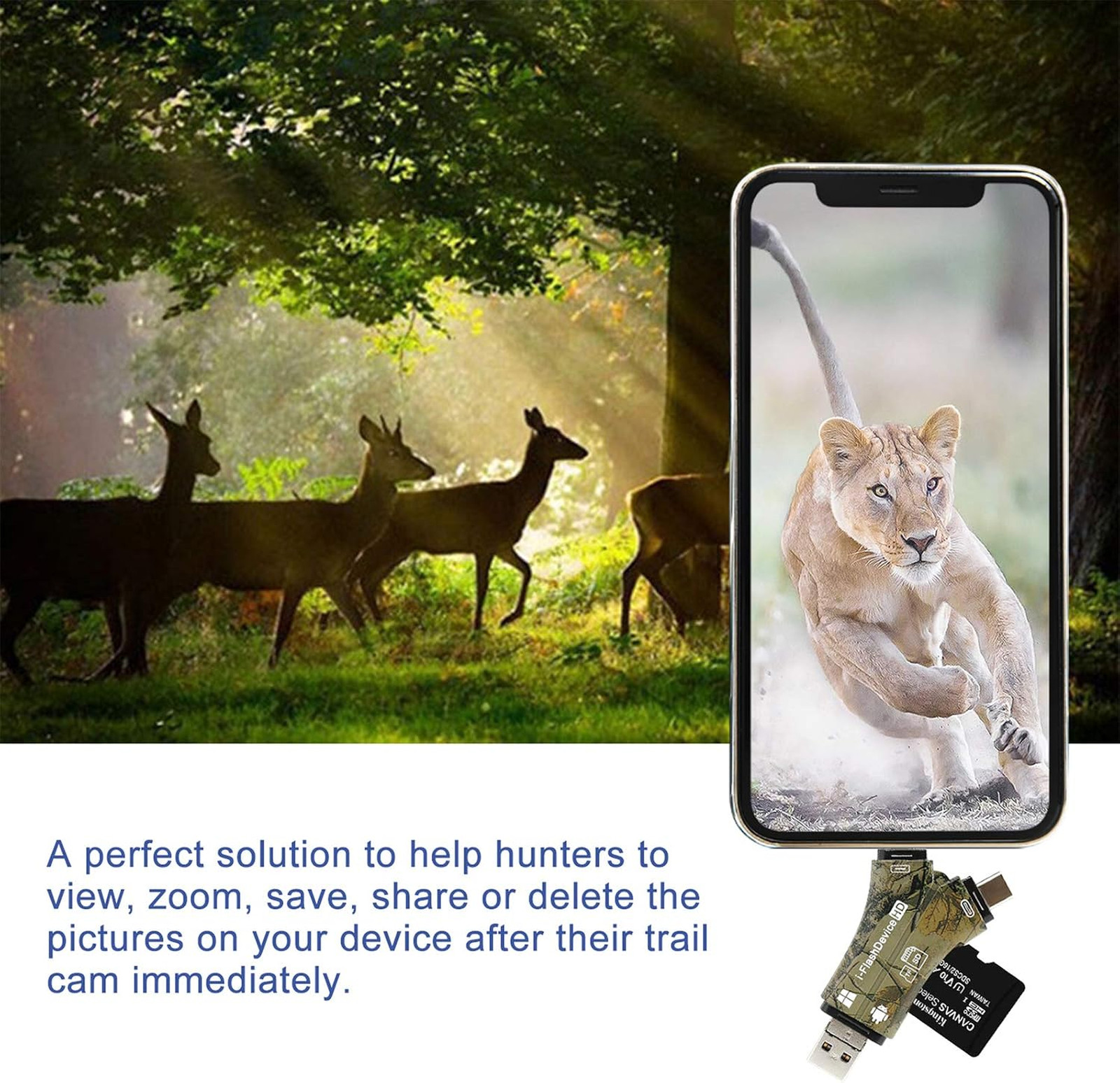 Trail Camera SD Card Reader Adapter 4 in 1 Lightning Type C Micro USB for iPhone