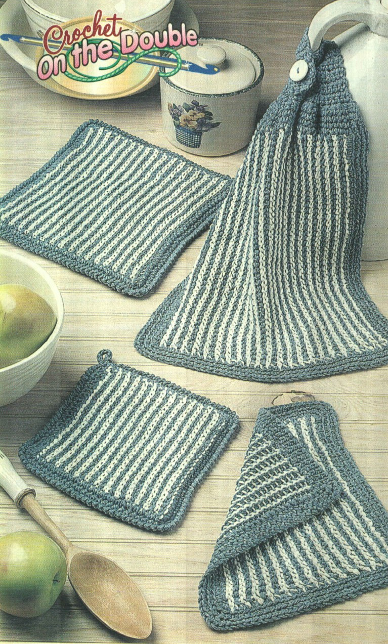 PINSTRIPE KITCHEN SET POT HOLDER TOWEL DIGEST SIZE CROCHET PATTERN INSTRUCTIONS