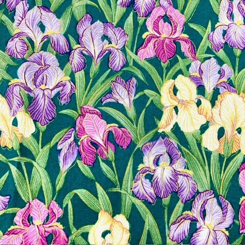 Spring Iris on Green Les Jardins by Hoffman 100% cotton to quilt sew 1 yard 24"