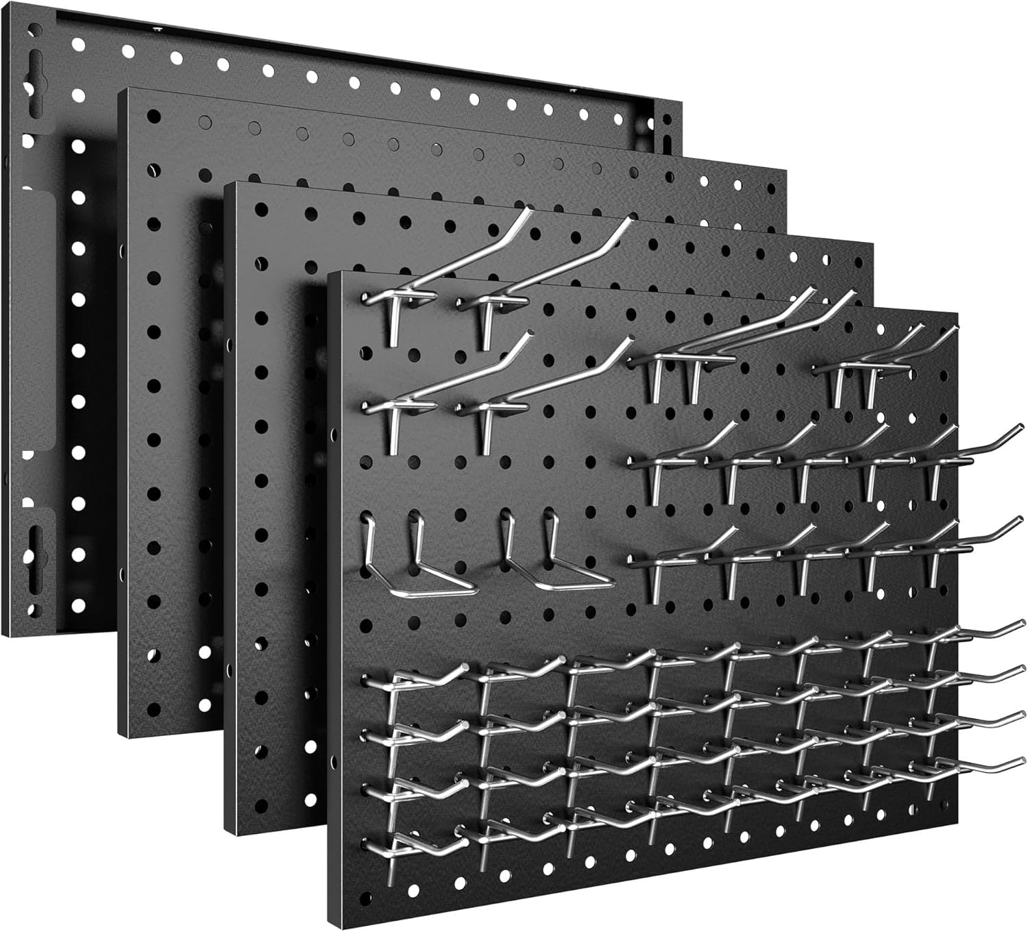 Peg Board, 4 Pack Metal Pegboard Panels with 50 Hooks, Black Pegboards Wall Orga