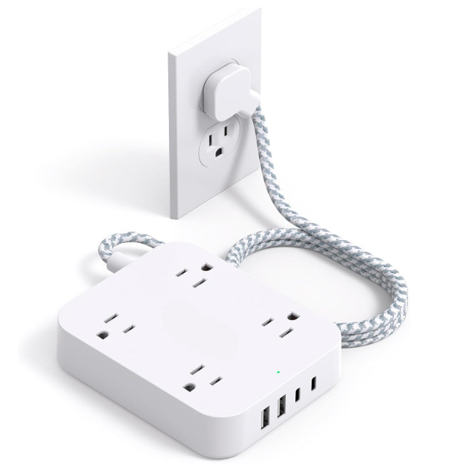Regleta 5 Pies con 4 Tomas, 4 USB (2 USB-C), Enchufe Plano para Oficina y Hogar