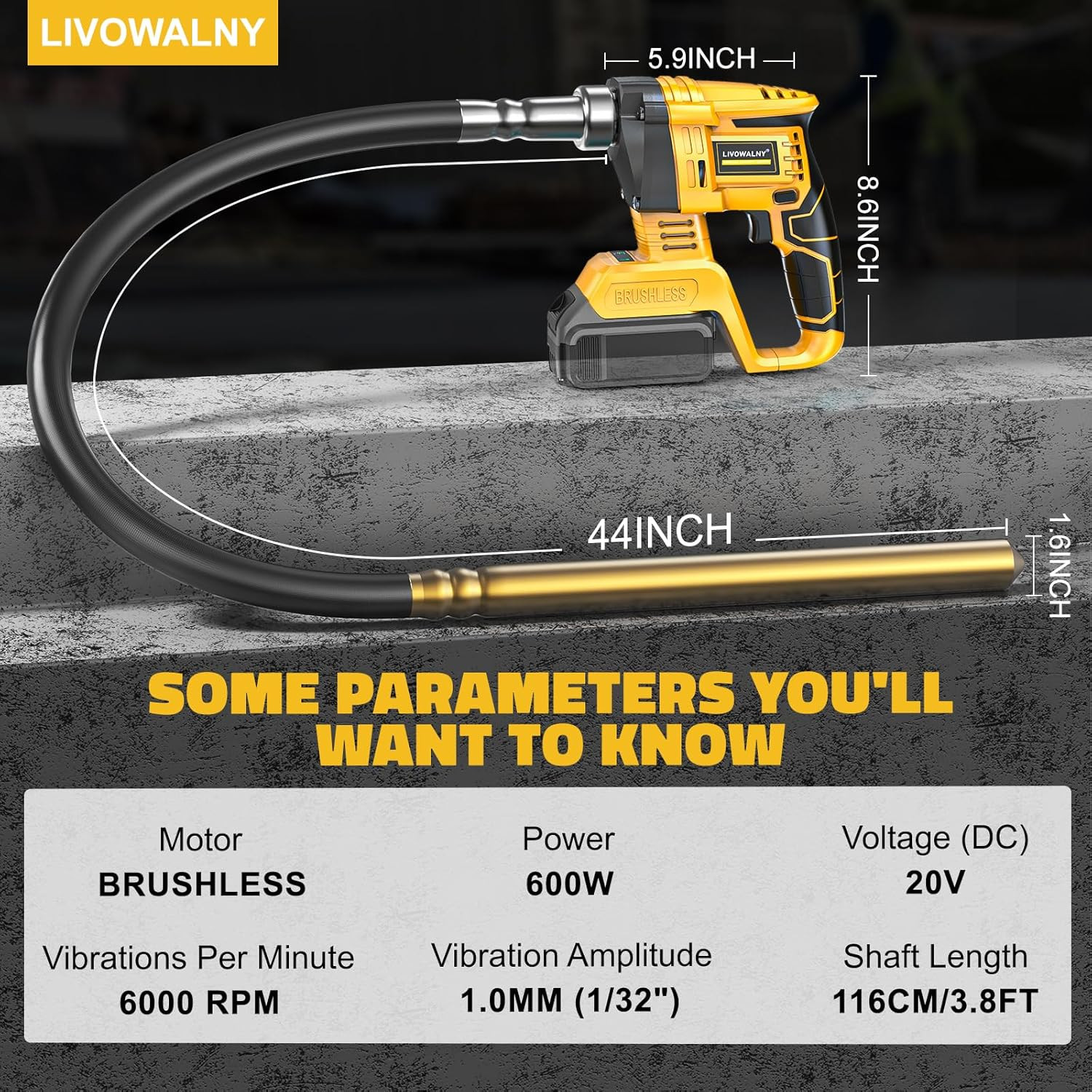 Handheld Concrete Vibrating Tool | Compatible with Dewalt 20V Battery (Tool Only