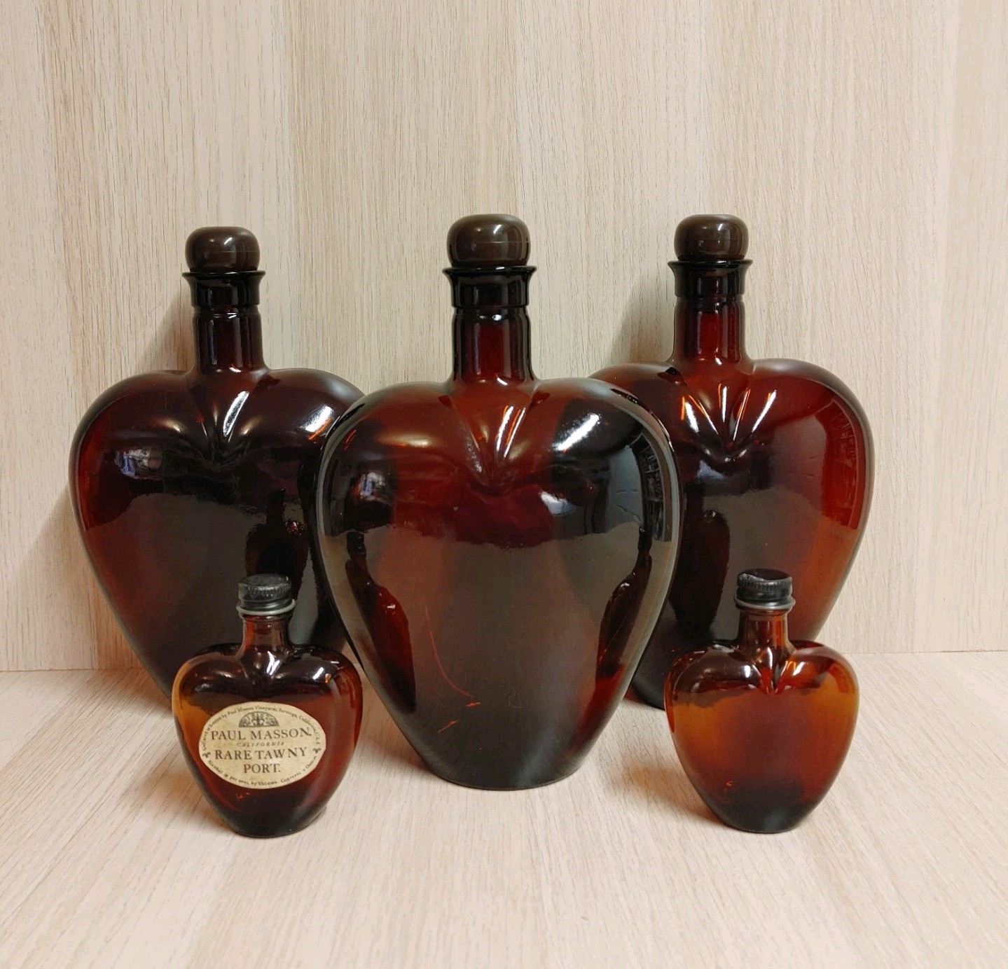 Vintage Paul Masson Amber Glass Bottles Lot Of 5 Empty Heart Shaped
