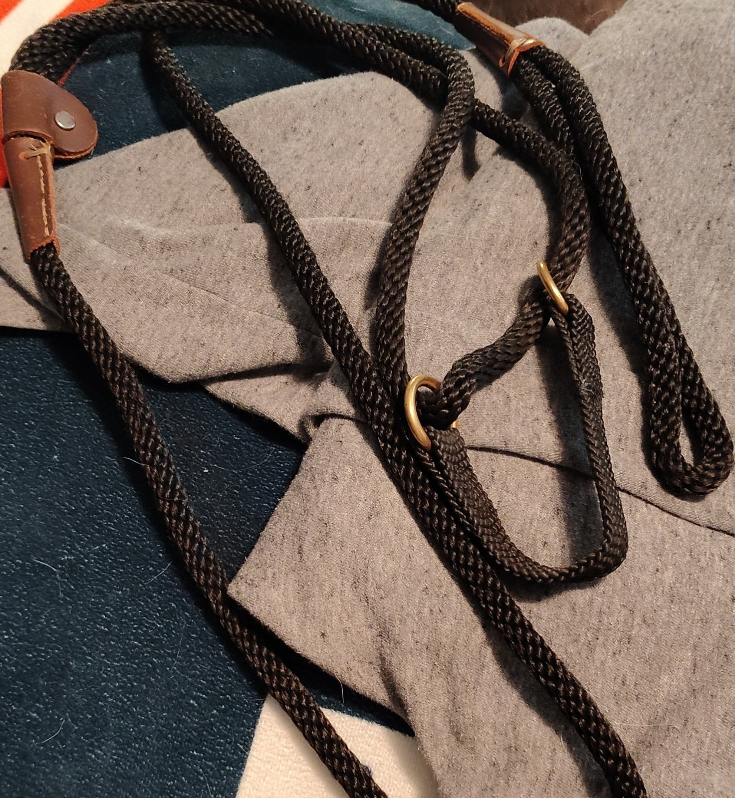 Black Braided Nylon Roping Reins with Leather Ends and Brass Rings