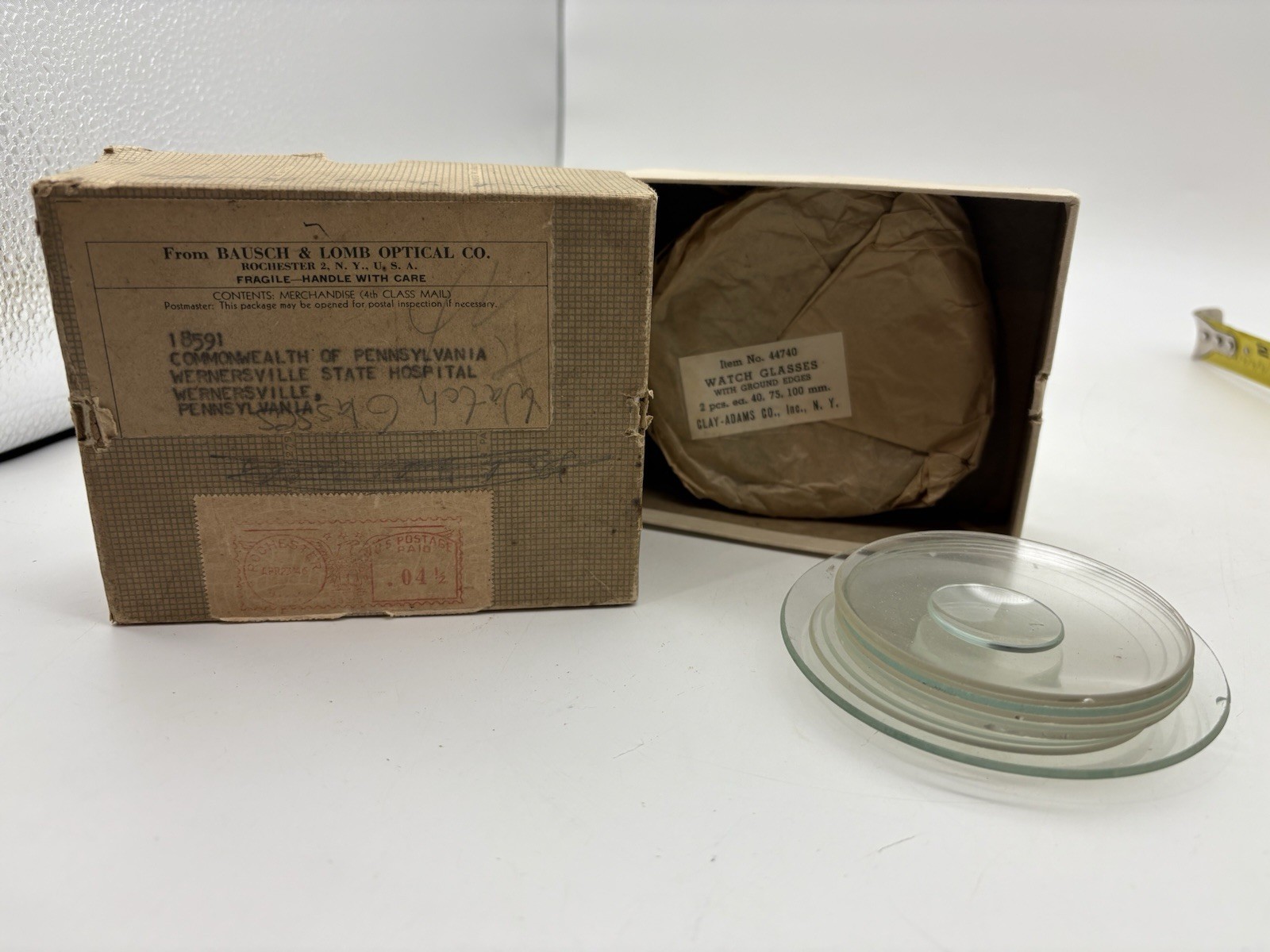 Vintage Box Of Brand New WATCH GLASS 40/75/100 mm BAUSCH & LOMB OPTICAL CO.
