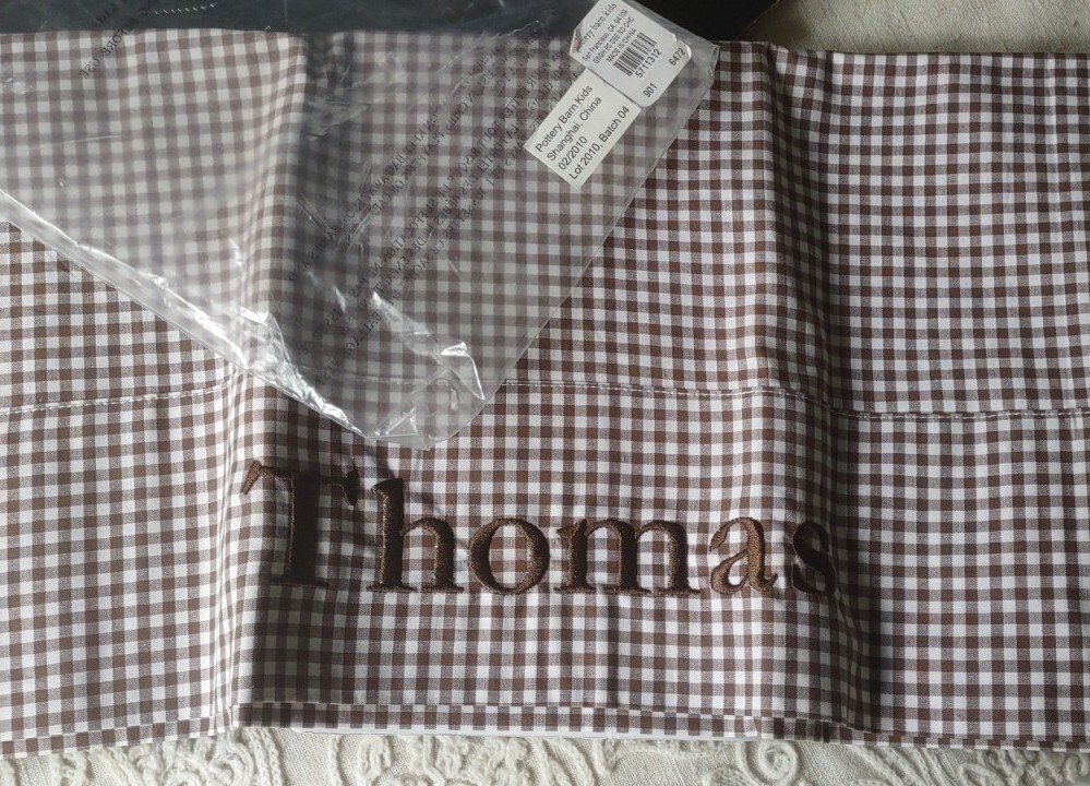 Pottery Barn Kids Pillowcase Gingham brown Cotton THOMAS Embroidered name