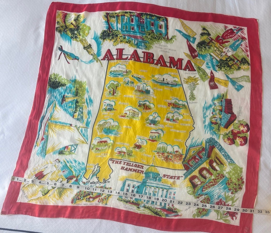 VTG SCARF  Alabama,  State Map Silk Rayon SOUVENIR